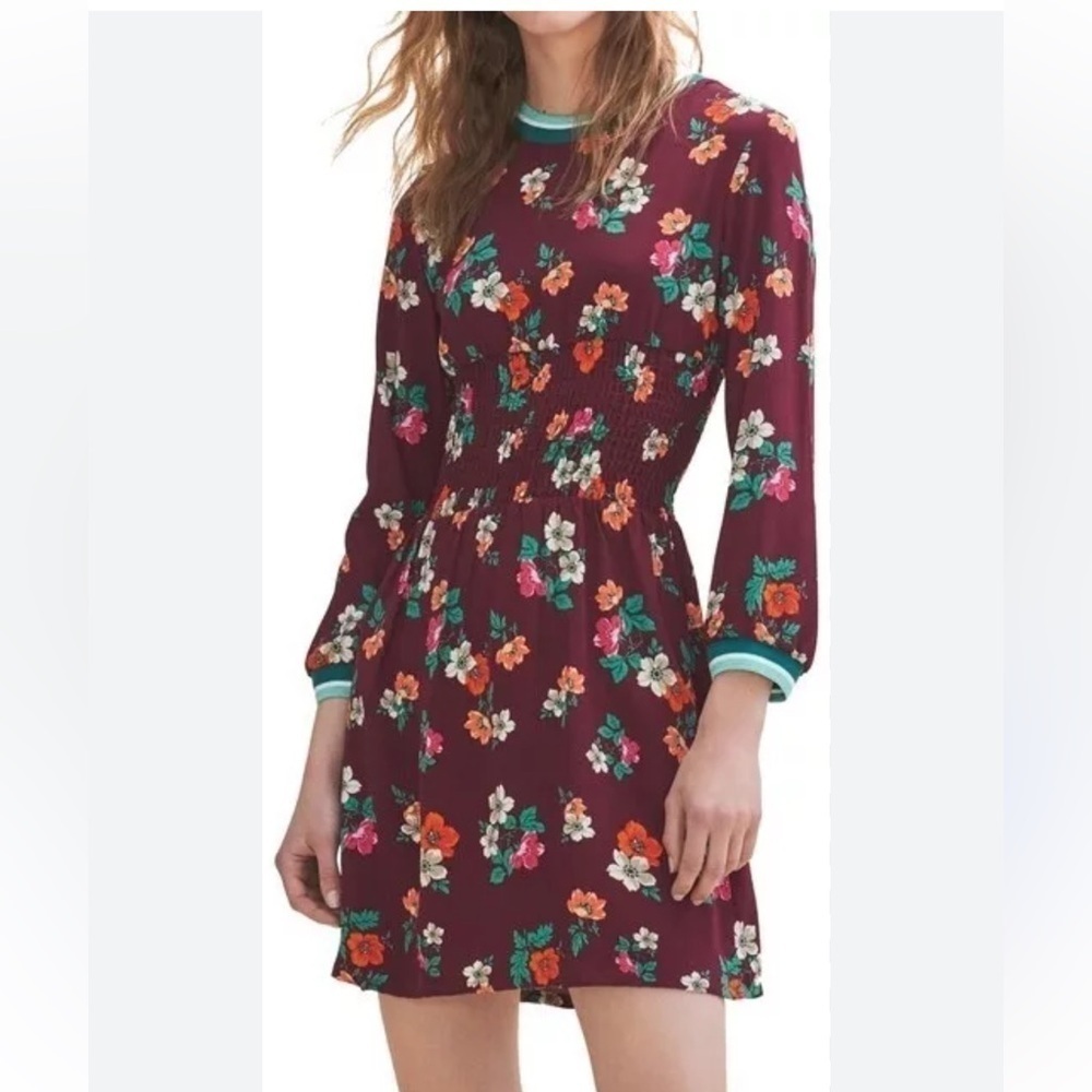 Maje Roskea Burgundy Floral Print Smocked Dress